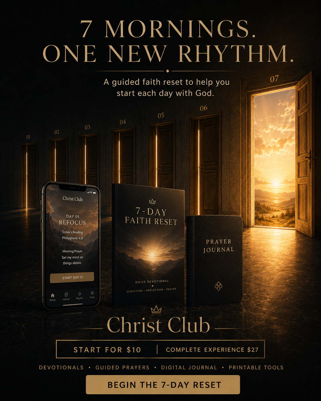 Seven doors representing the seven-day Christ Club journey